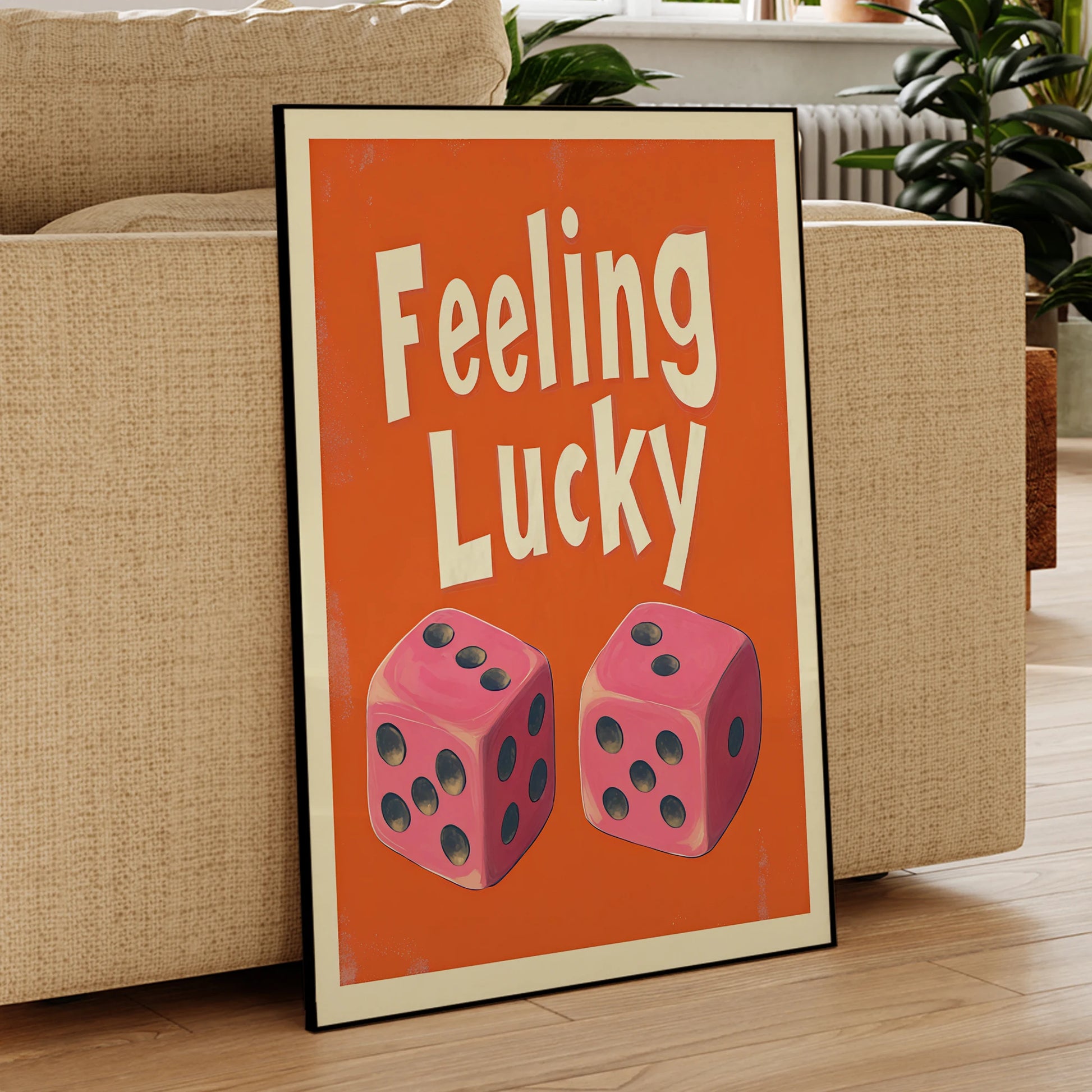 Vibrant electric orange feeling lucky quote wall art