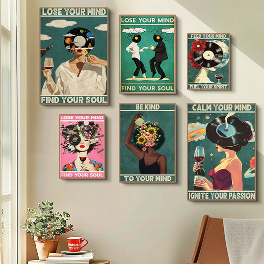Vintage abstract portrait wall art with motivational quote lose your mind find your soul