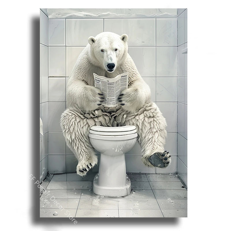 Animal reading newspaper in toilet poster for cafe and washroom