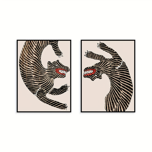 Vintage Japanese art print set of 2 featuring traditional animal illustrations