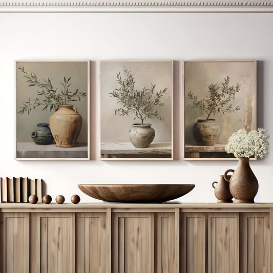 Vintage olive branch vase canvas art print set for minimalist home decor
