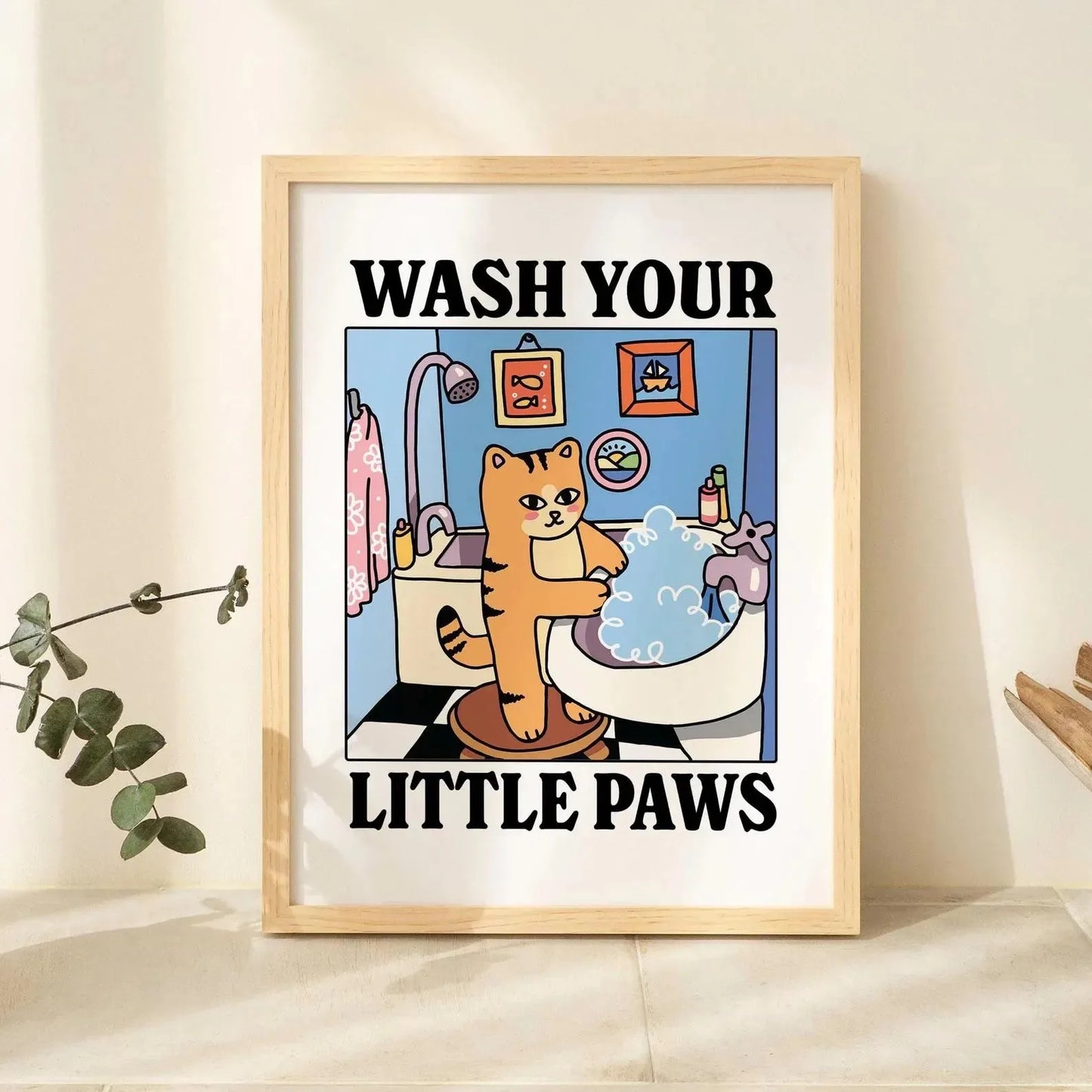 Wash paws kawaii cat canvas painting for nursery and bedroom