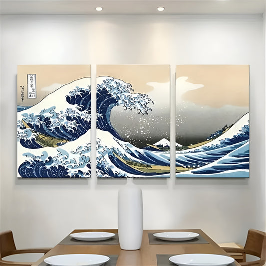 Timeless Japanese wave design in 3-piece canvas print set for home decoration.