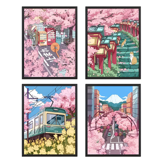 Set of 4 Japanese Sakura Anime Wall Art