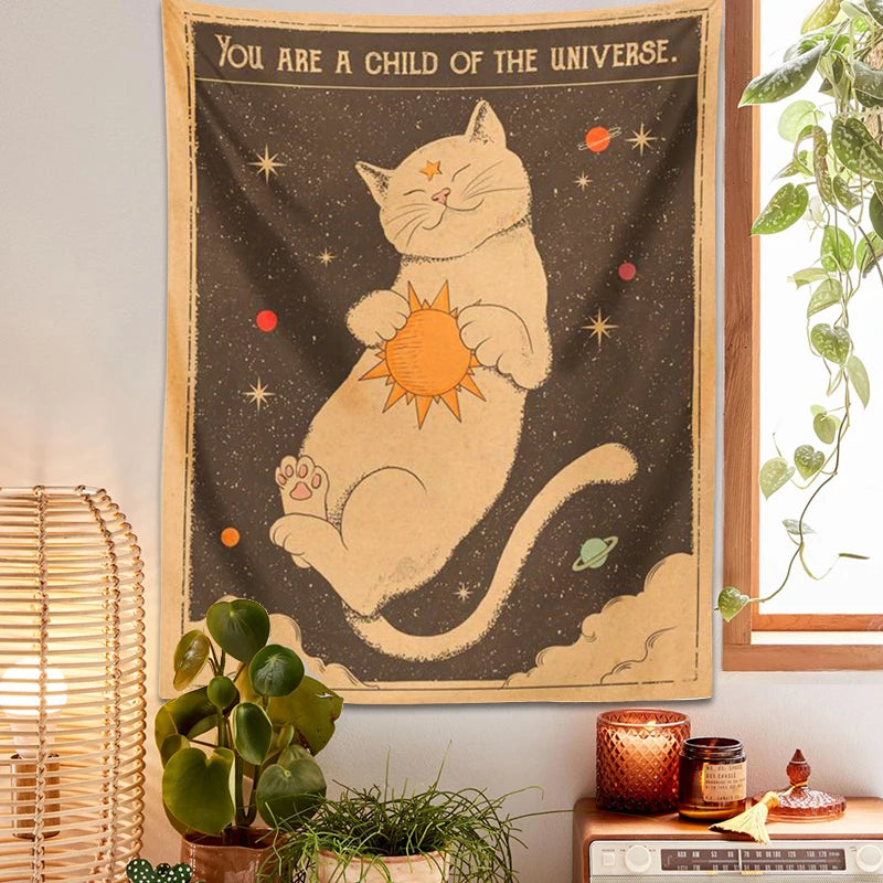 Witchy aesthetic cat tapestry with sun and moon celestial design