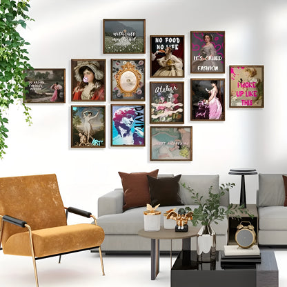 12-piece retro wall art set with playful pink bubble gum crown illustrations for bedroom decor.
