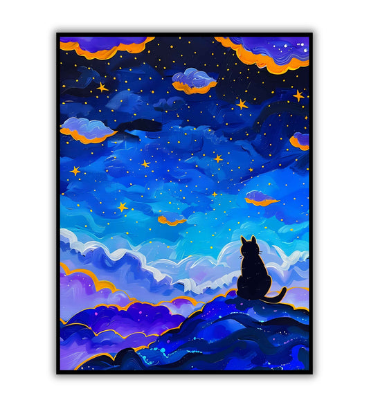 Starry Hillside Cat printable poster. Available for purchase as a physical poster or digital download.