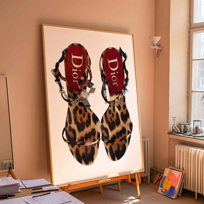 Dorm bedroom painting of cheetah heels with retro aesthetics.
