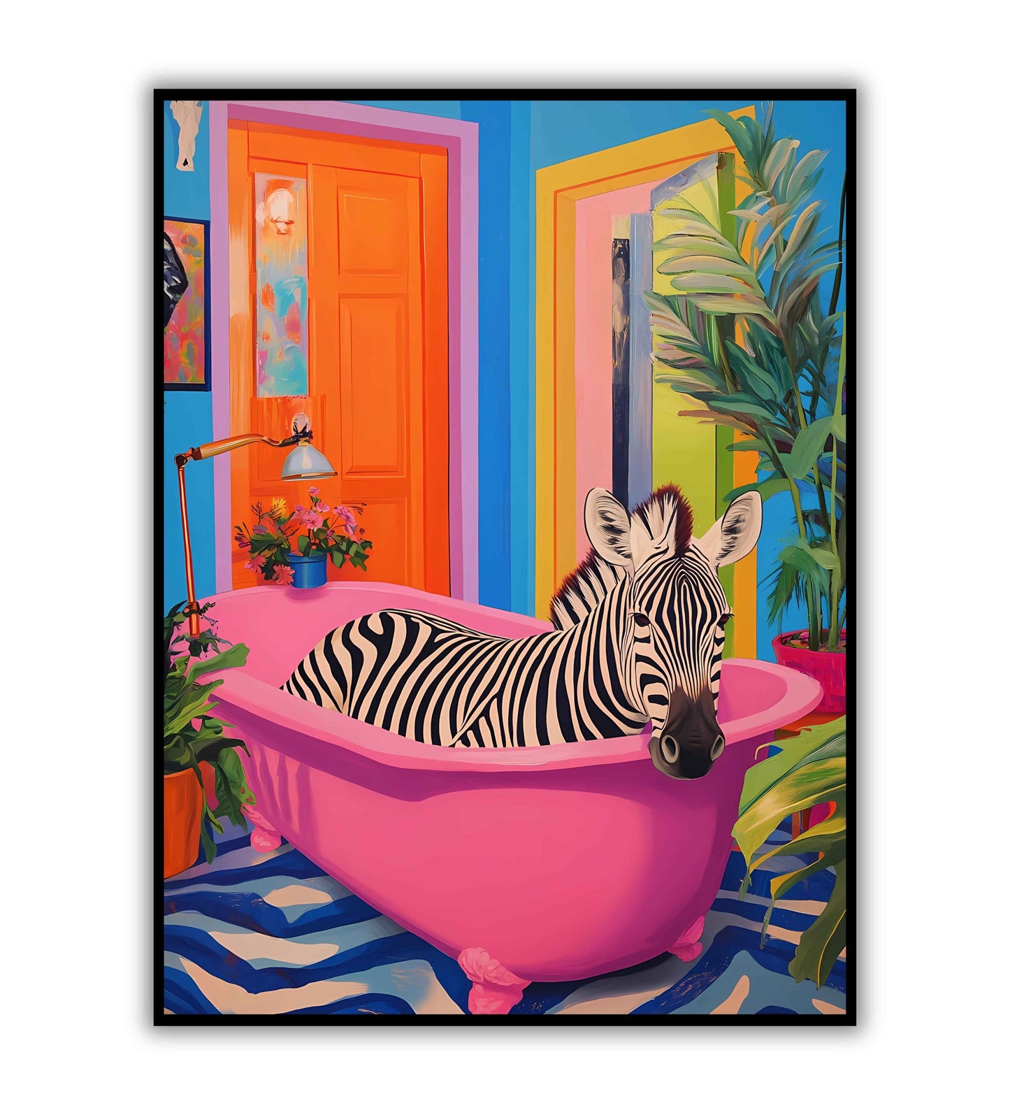 Zebra Bath art print for quirky bathroom decor.	