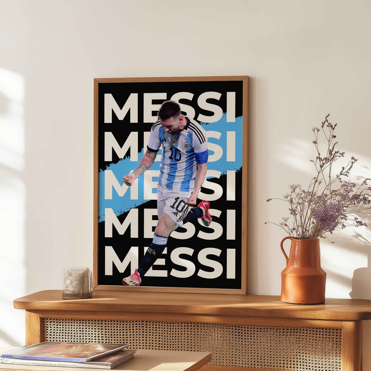 Argentina soccer print of Lionel Messi for passionate football fans.
