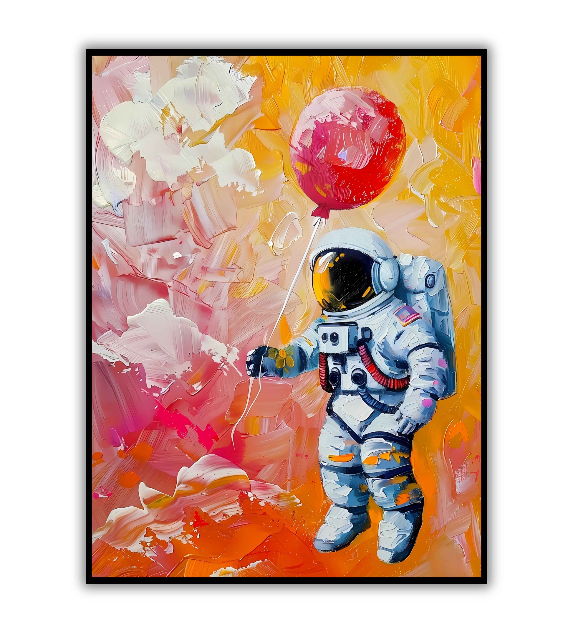 Astronaut's Dream: An astronaut floats in space, holding a colorful balloon. Available for purchase as a physical poster or digital download