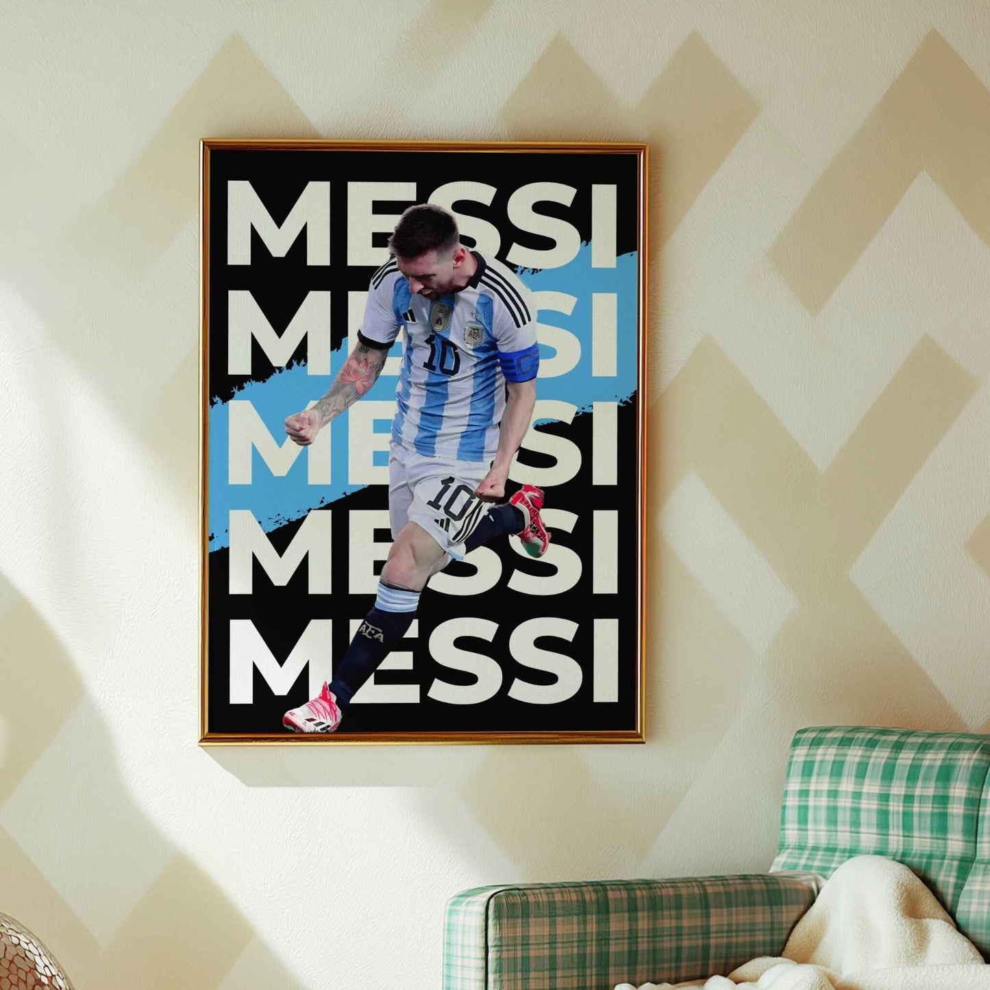 Messi GOAT poster celebrating the soccer icon in Argentina colors.
