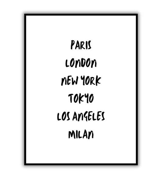 Paris London New York Tokyo Los Angeles Milan typography poster