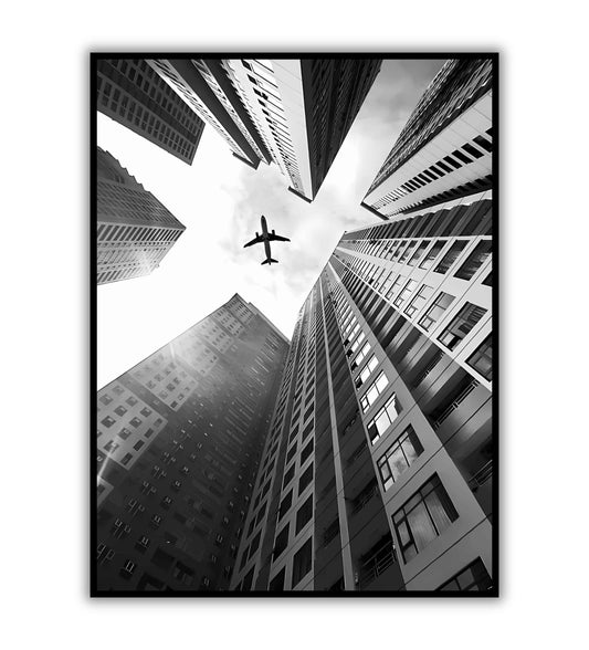 Modern City Architecture in Black and White poster. Sleek and sophisticated artwork showcasing modern buildings.