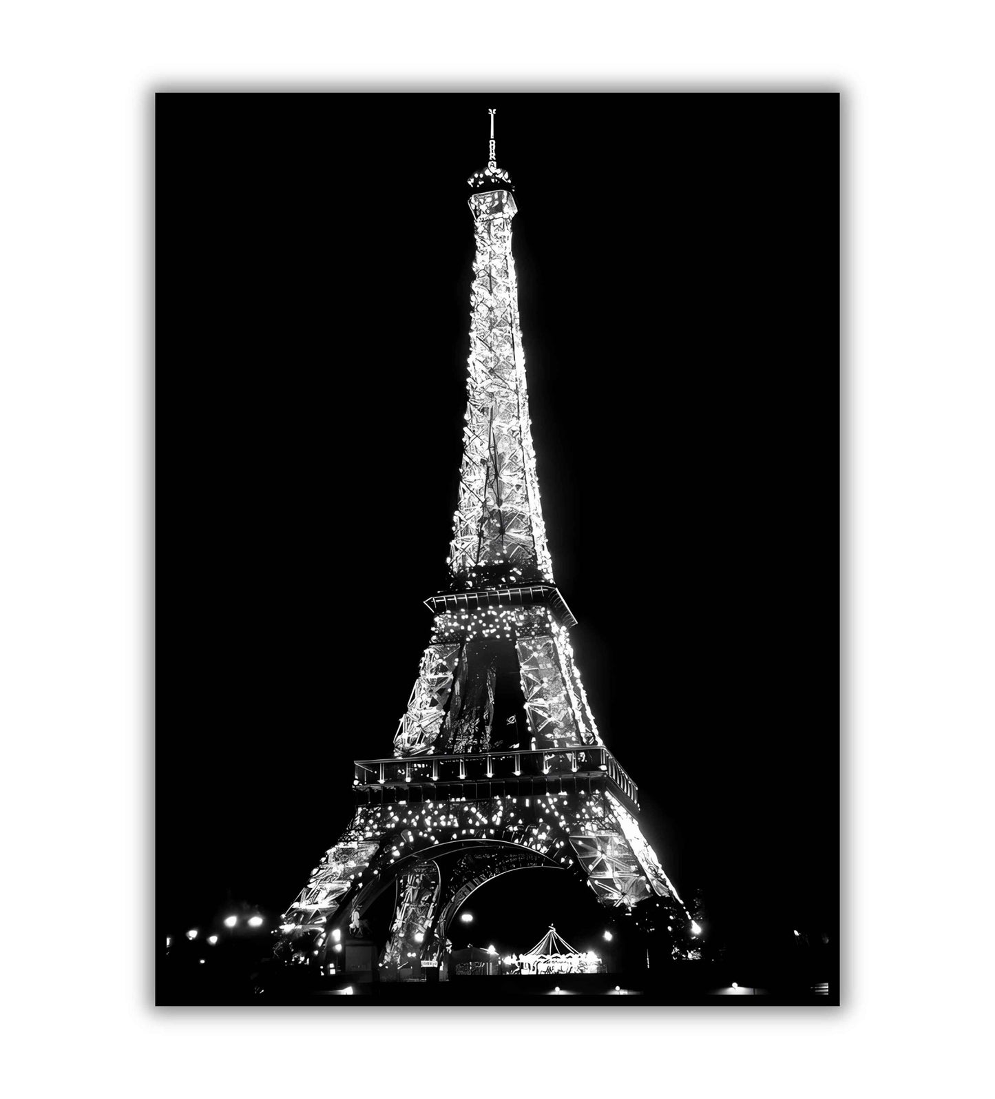 Eiffel Tower Lit Up poster. Iconic landmark illuminated at night.