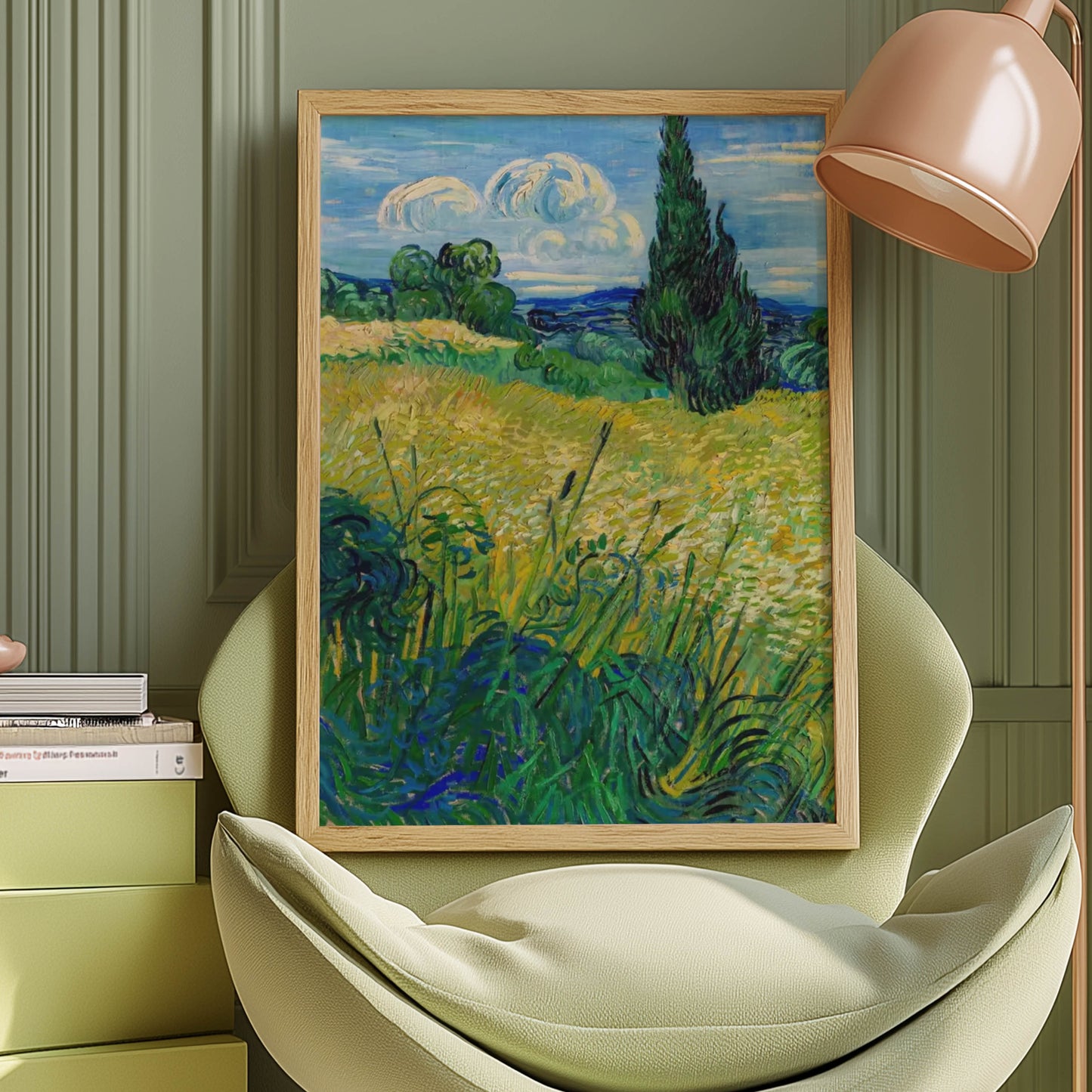 Green Wheat Field with Cypress