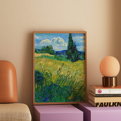Green Wheat Field with Cypress