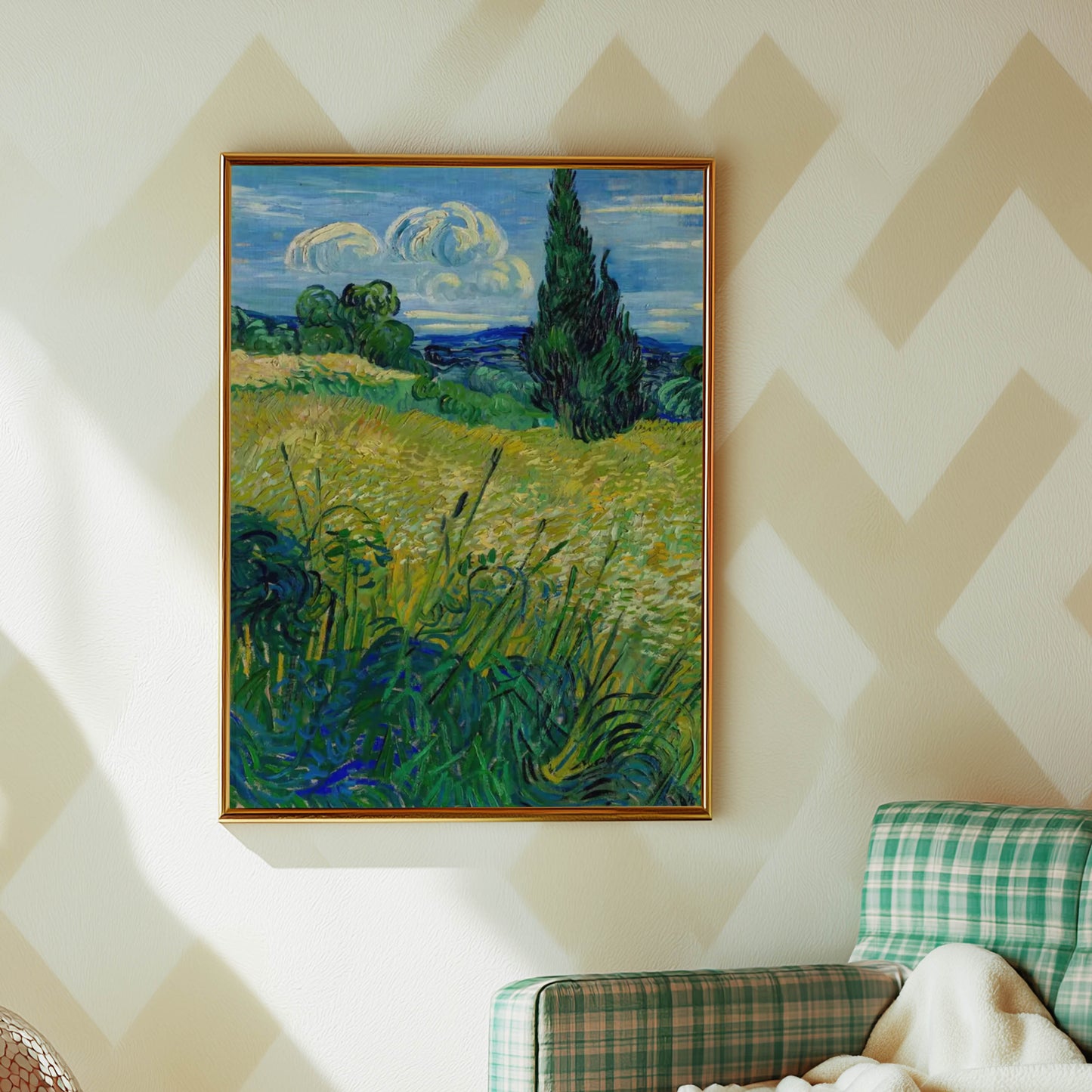 Green Wheat Field with Cypress