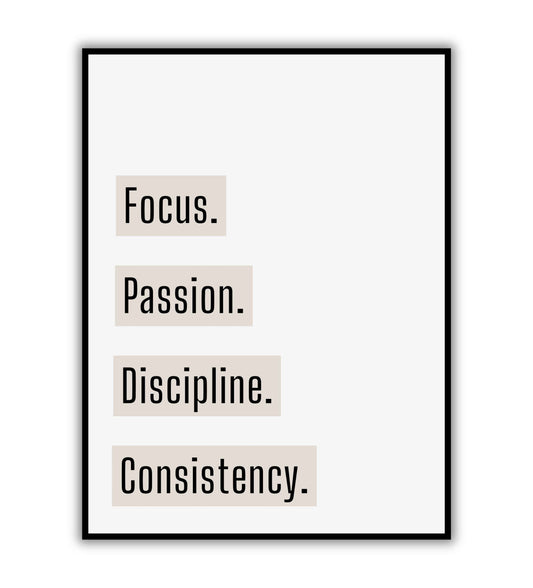 "Focus, Passion, Discipline, Consistency" typographic motivational poster