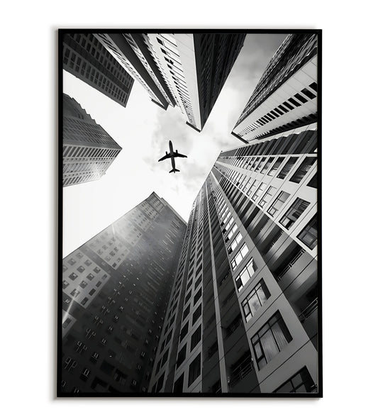Modern City Architecture in Black and White poster. Sleek and sophisticated artwork showcasing modern buildings.