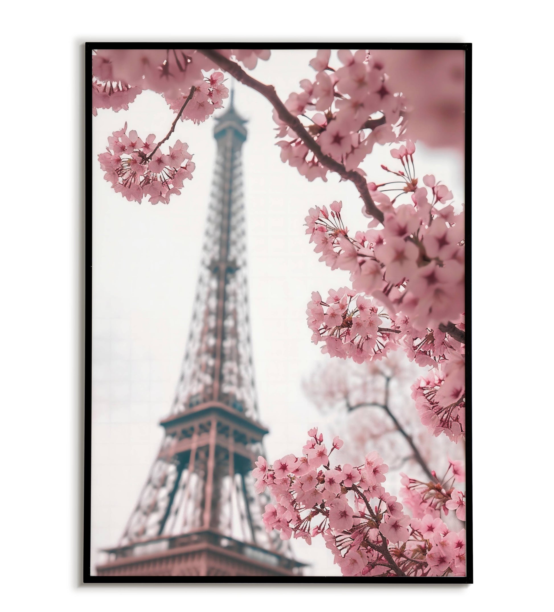 Paris Under Cherry Blossoms printable wall art poster. Romantic and picturesque artwork.