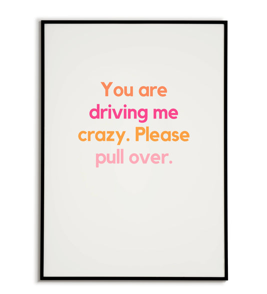 Humorous "You're driving me crazy. Please pull over" printable poster, a playful message for couples or friends on road trips.	