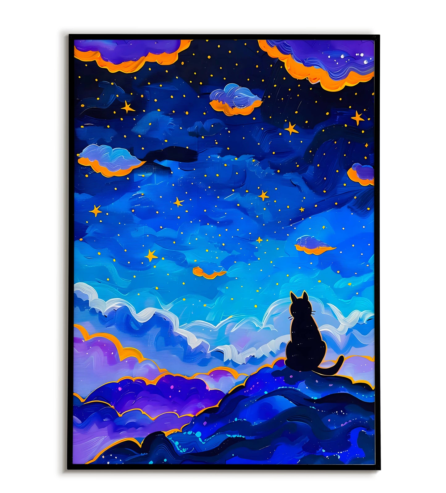 Starry Hillside Cat printable poster. Available for purchase as a physical poster or digital download.
