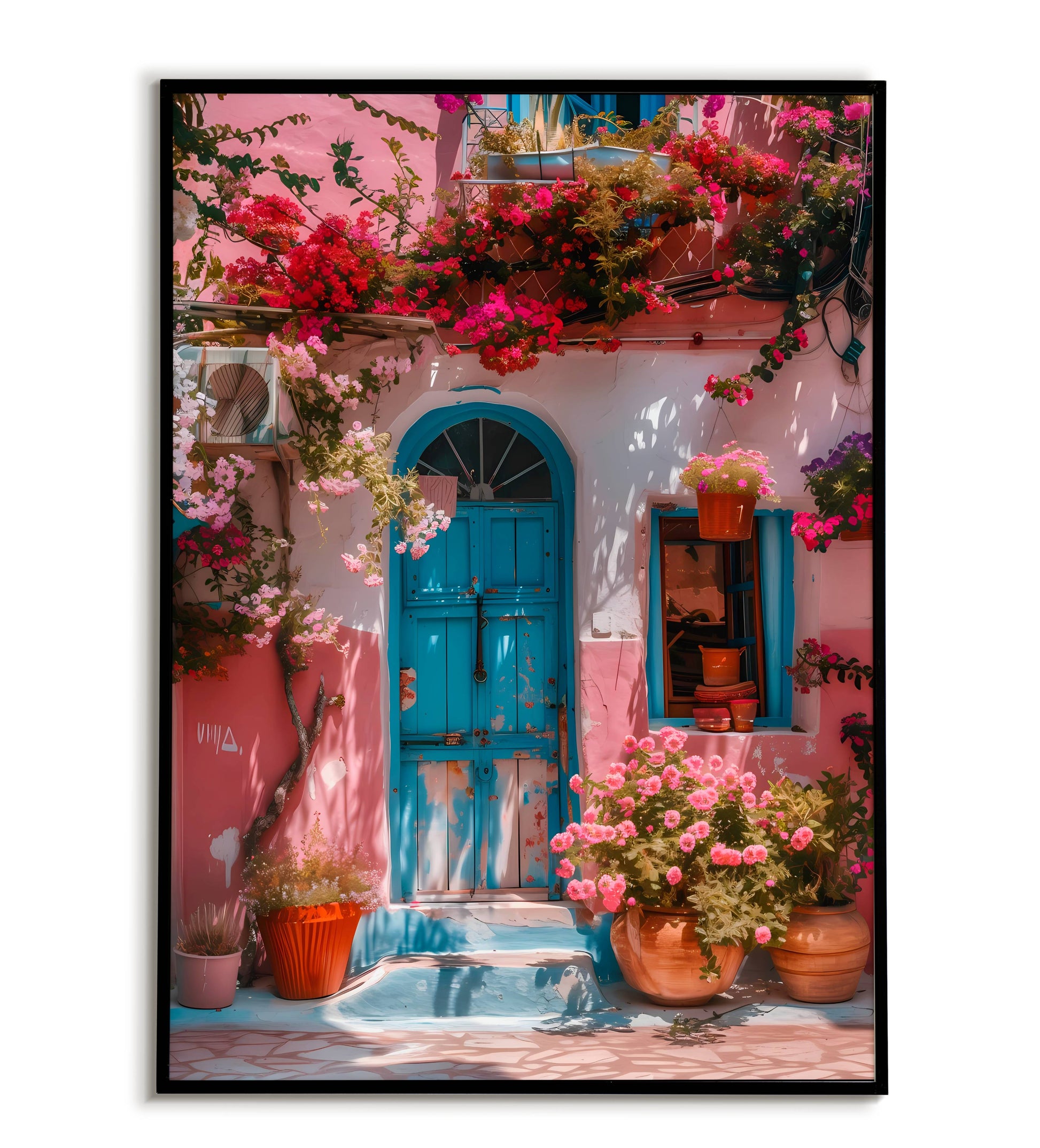 Blue Door, Pink Bougainvillea House - Printable Wall Art / Poster. Download this charming image to add a touch of Mediterranean beauty to your decor.