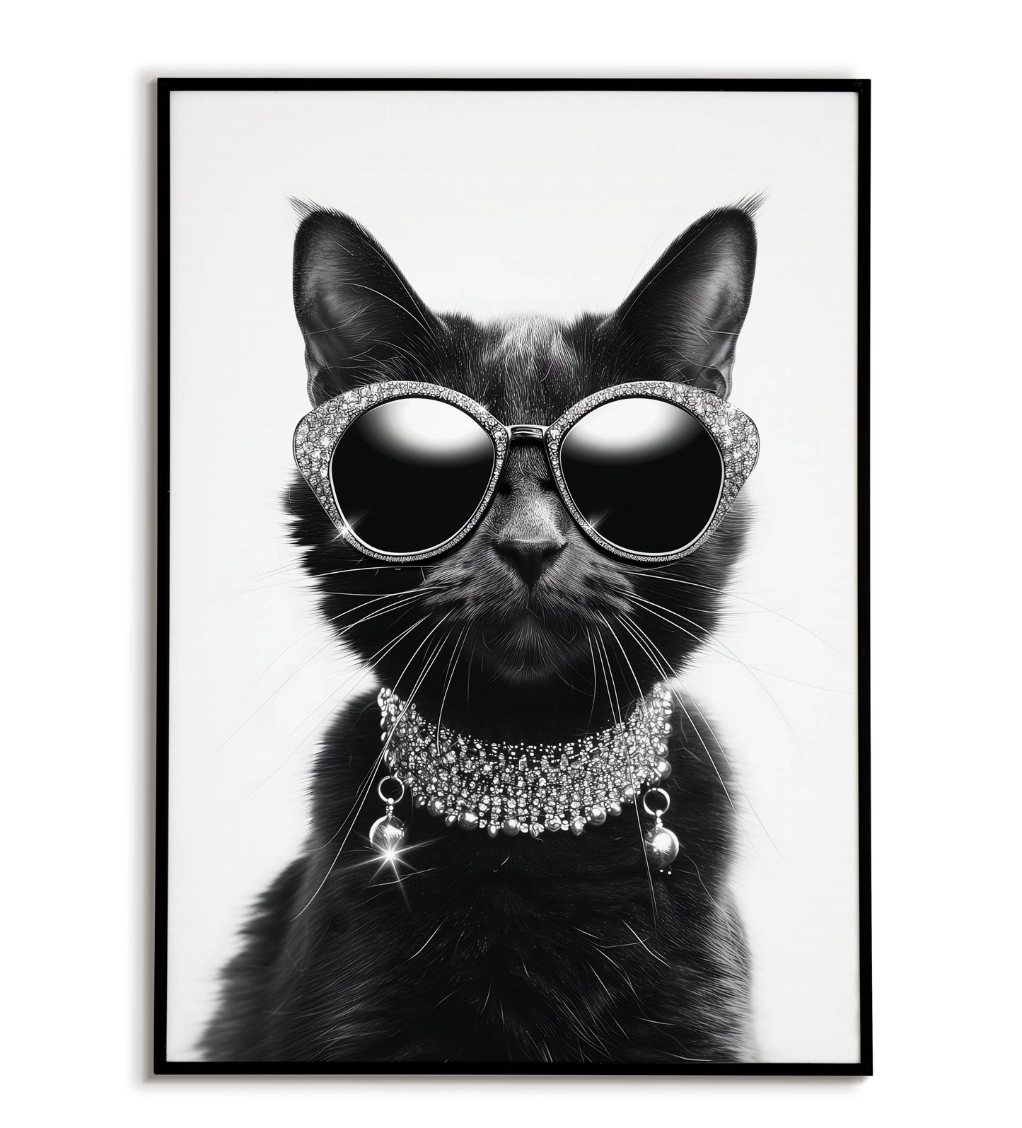 Cat in Jewellery poster. Playful and whimsical artwork depicting a cat wearing jewellery