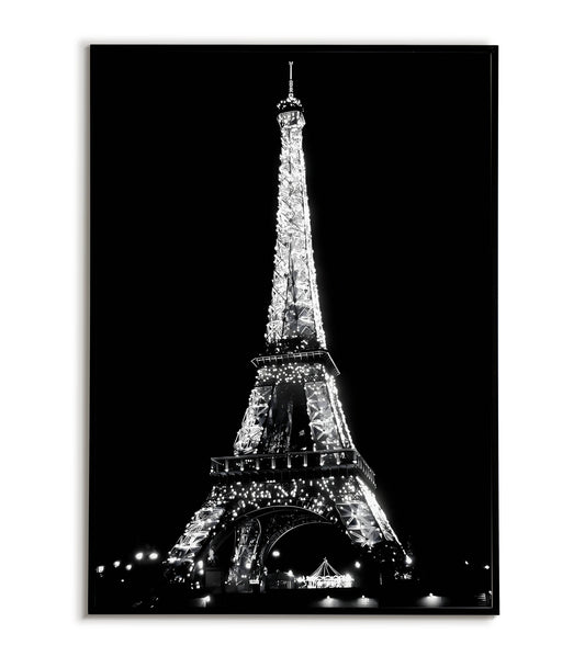 Eiffel Tower Lit Up poster. Iconic landmark illuminated at night.