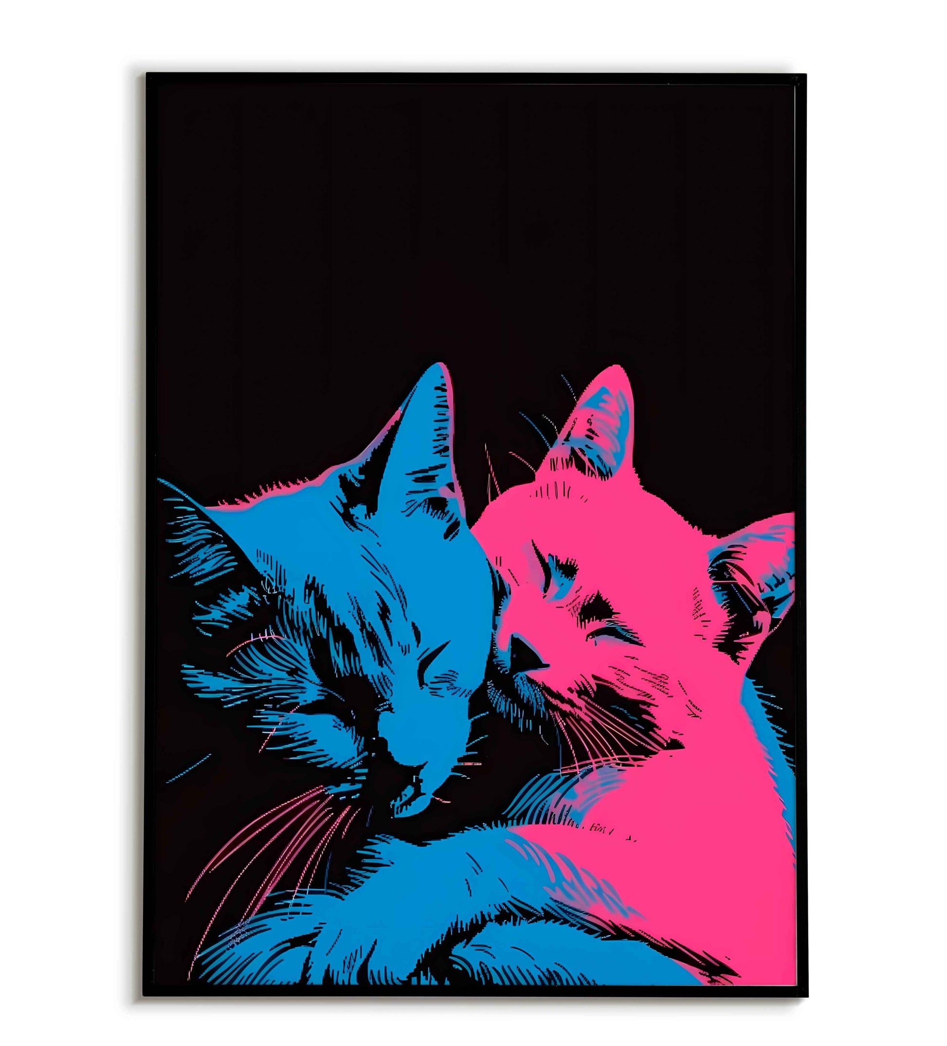 Cuddling Cats printable poster. Purrfect Companions: Two cuddly cats nestled together in a heartwarming scene. Available for purchase as a physical poster or digital download.