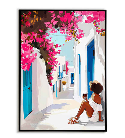 Santorini Street travel printable poster. Available for purchase as a physical poster or digital download.