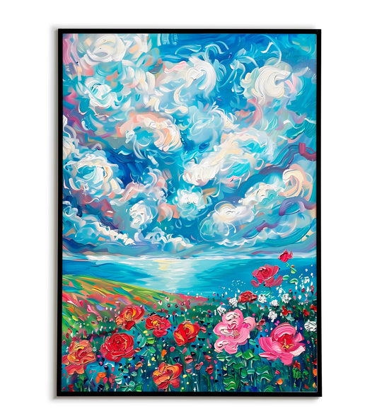 Downloadable colorful meadow printable, a vibrant and joyful artwork.	