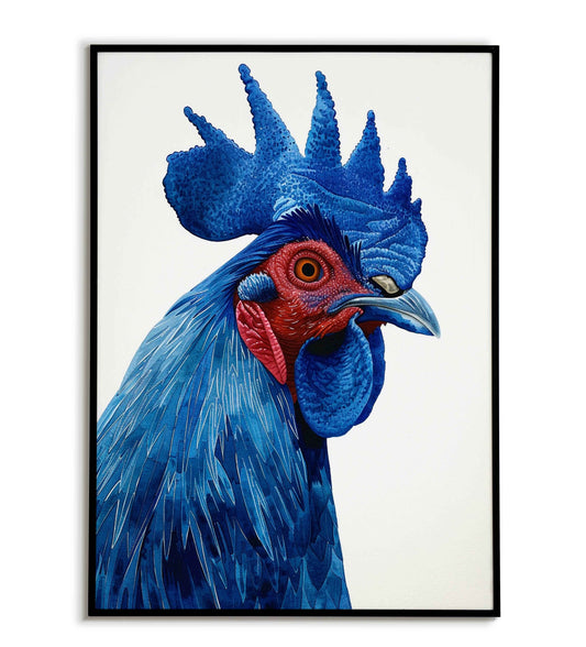 Eye-catching blue rooster poster, a vibrant addition to your kitchen decor.	