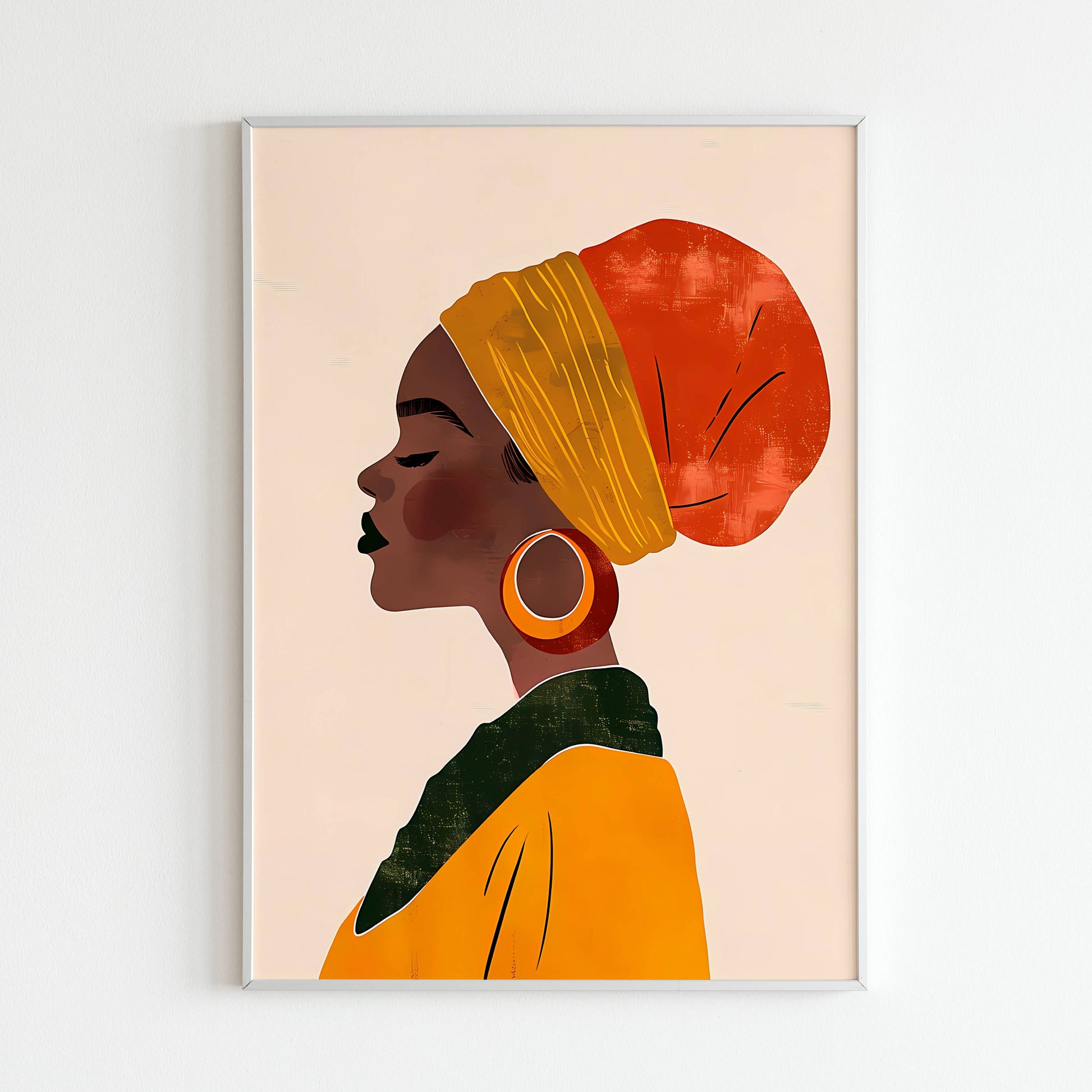 African Woman Abstract Art close-up of printable wall art poster. Focus on the colors, shapes, and textures used to represent the African woman.