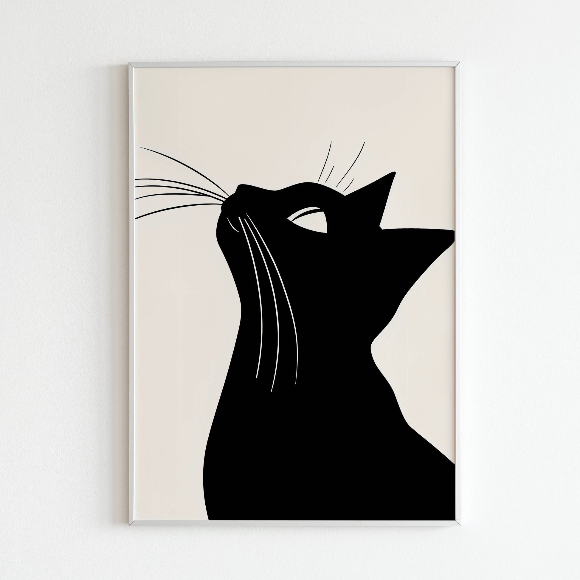 Minimalist Black Cat close-up of printable wall art poster. Focus on the simple lines and form.