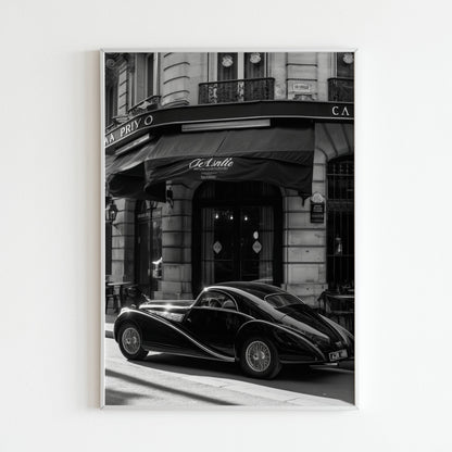 Vintage Car on the Street close-up of printable wall art poster. Focus on the details and vintage aesthetic.