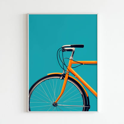 Orange Bicycle - Close-up of Minimalist poster. Focus on the simple lines and shape of the orange bicycle.