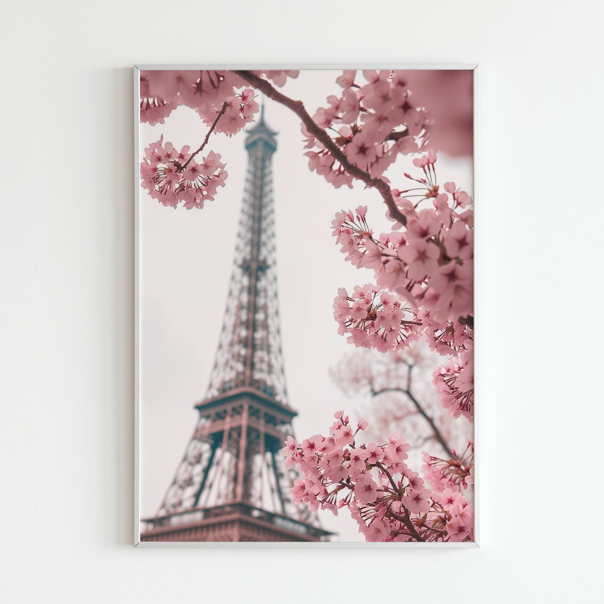 Paris Under Cherry Blossoms close-up of printable wall art poster. Focus on the details and beauty of the scene.