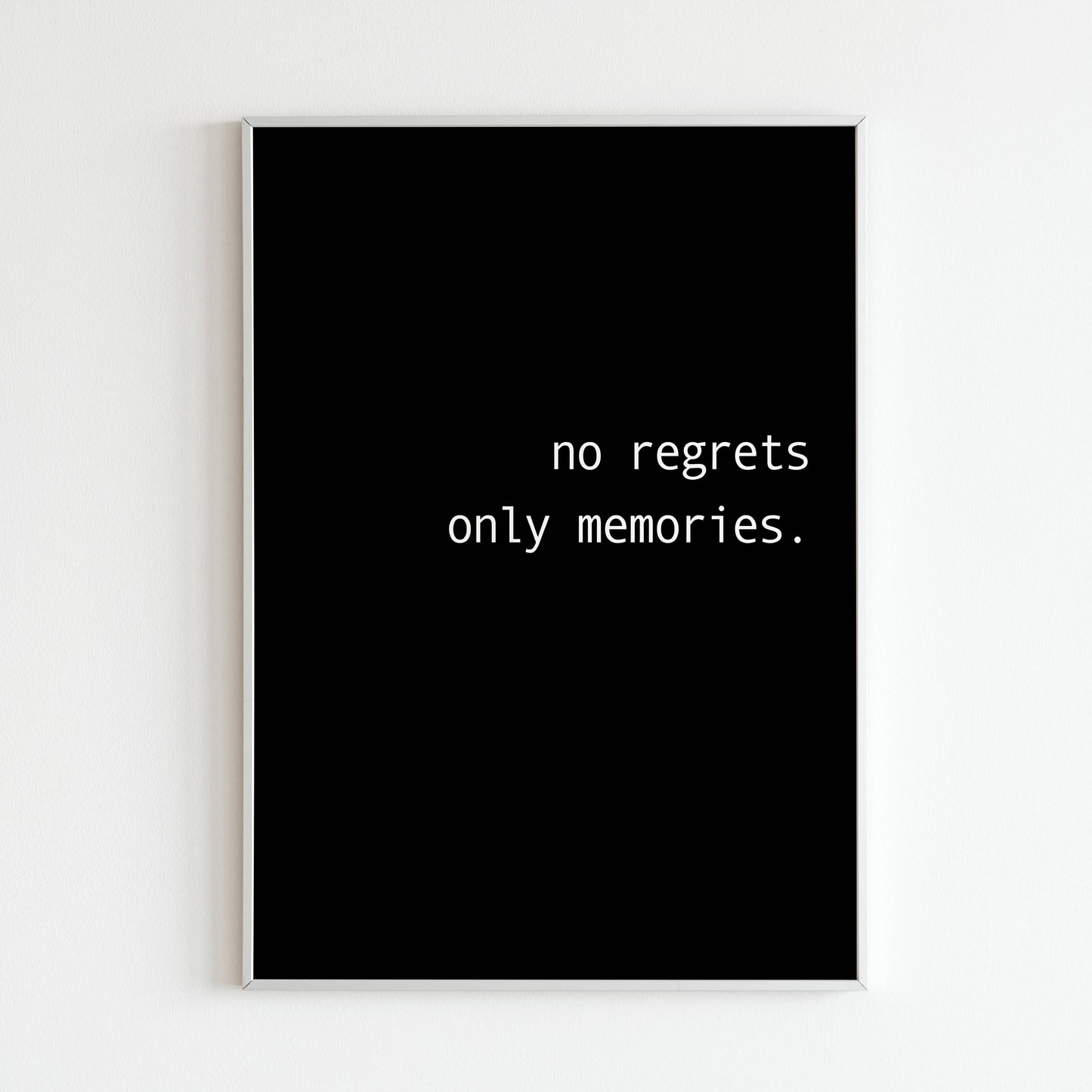 No Regrets Only Memories close-up of printable wall art poster. Focus on the textured background and brushstrokes of the lettering