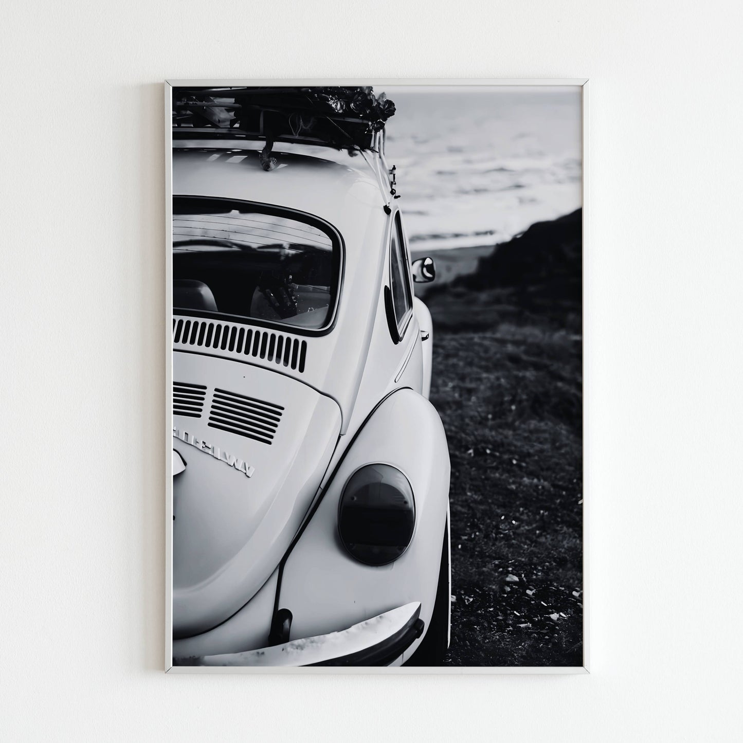 Car by the beach - Printed Wall Art / Poster. This captivating poster captures the feeling of a beach getaway. Arrives ready to hang.