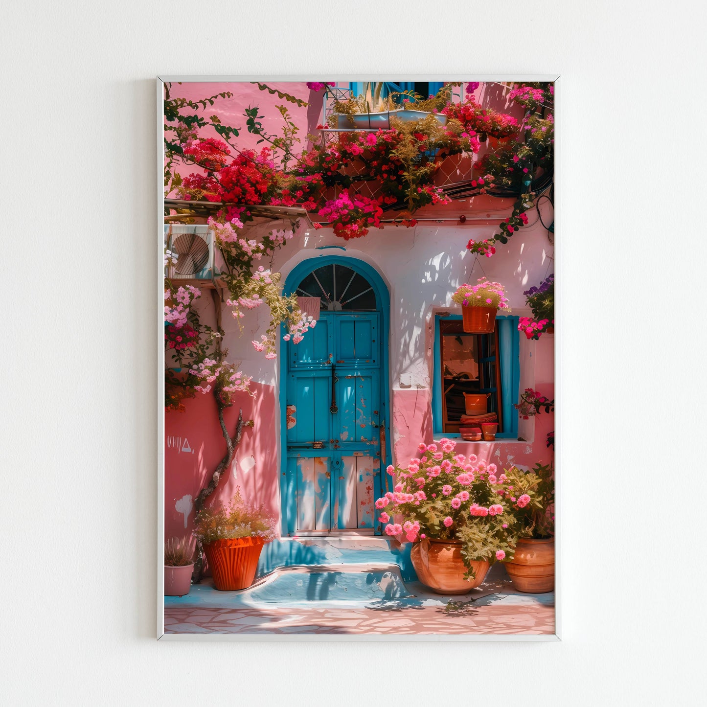 Blue Door, Pink Bougainvillea House - Printed Wall Art / Poster. This vibrant poster showcases a beautiful Mediterranean house. Arrives ready to hang.