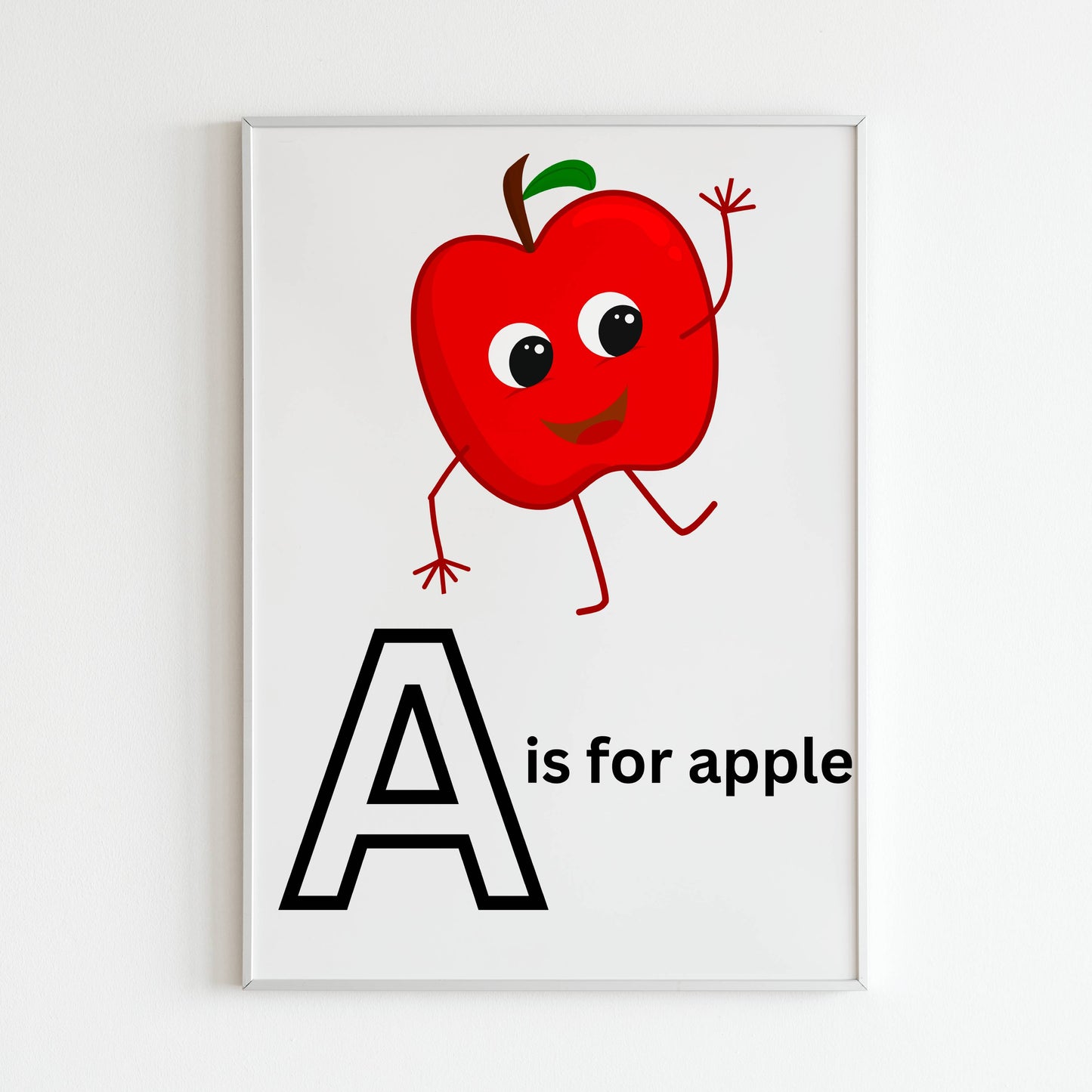 A is for apple - Printed Wall Art / Poster. This colorful poster is perfect for a child's room or learning space. Arrives ready to hang.