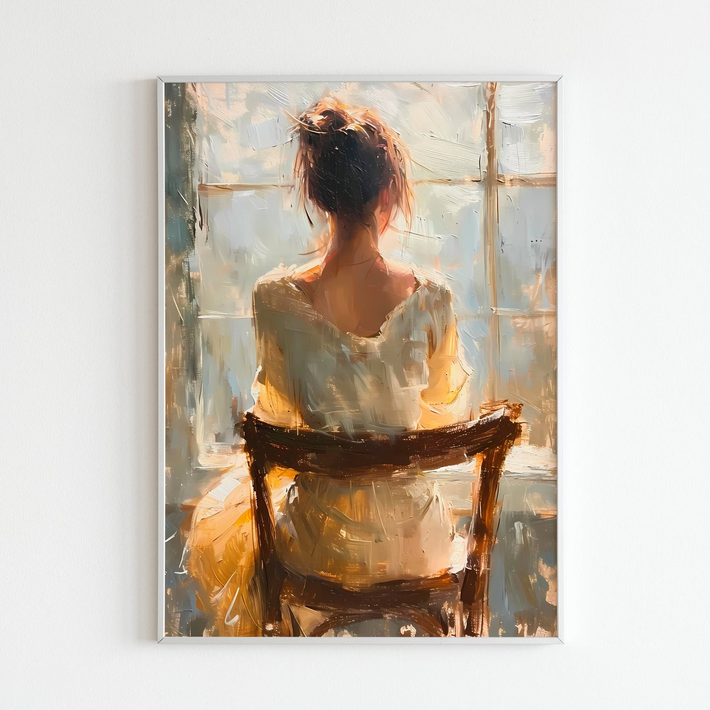 Downloadable abstract art print of a woman sitting on a chair