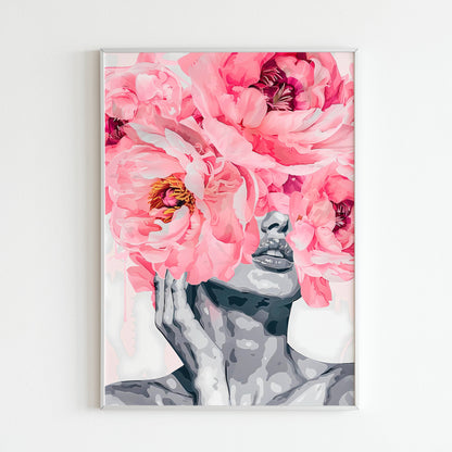 Downloadable abstract art print with pink flowers forming a head