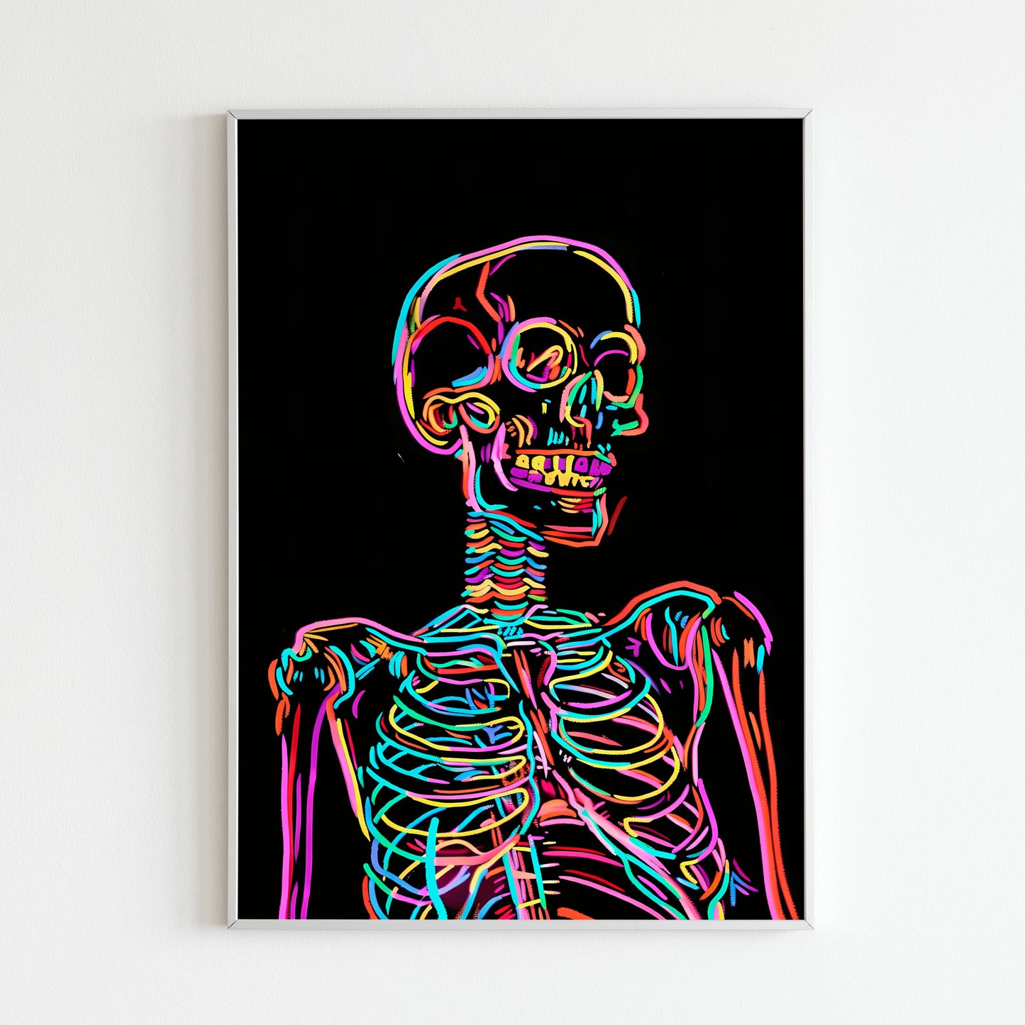 Downloadable abstract art print of a colorful skeleton