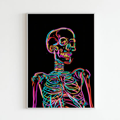 Downloadable abstract art print of a colorful skeleton