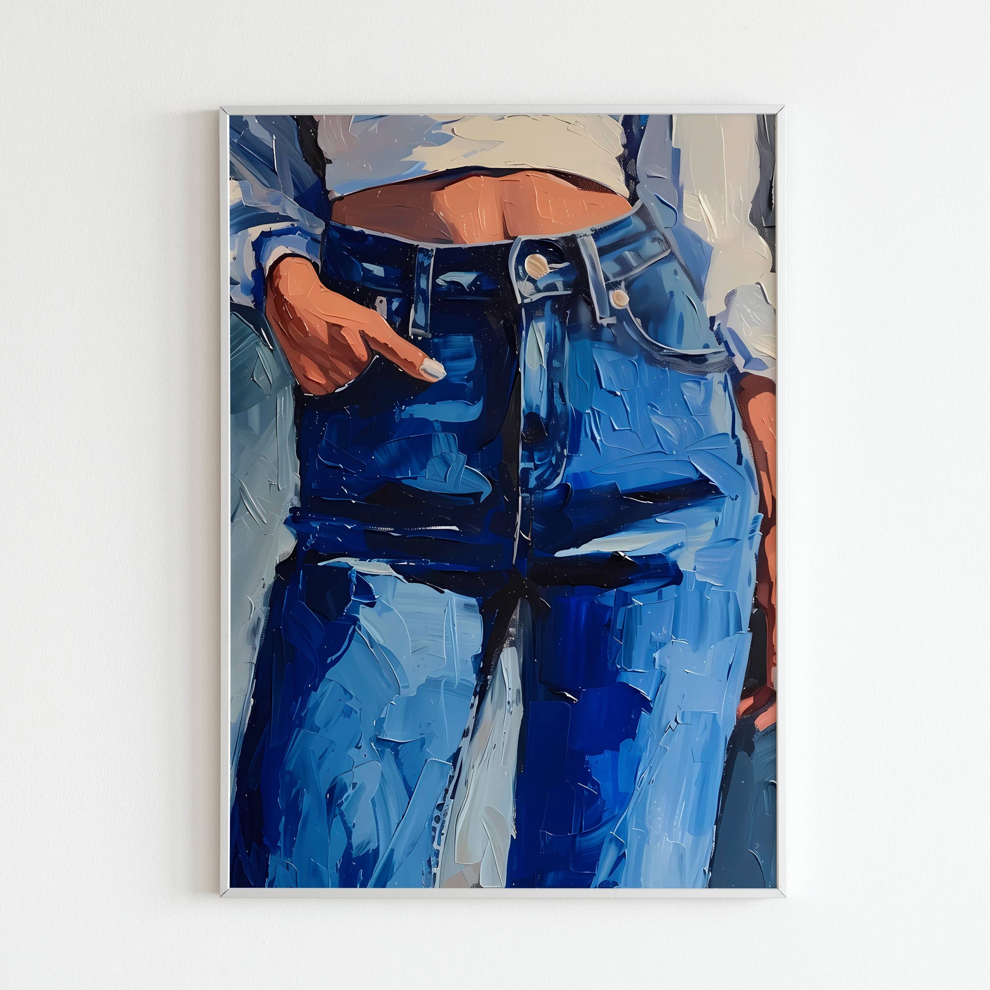 Downloadable abstract art print featuring denim jeans