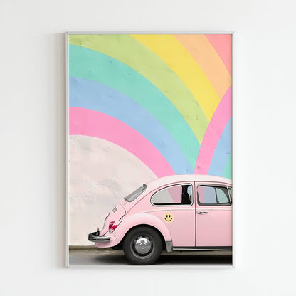 Capture the retro charm or playful pop of a pink car with this printable poster (physical or digital).