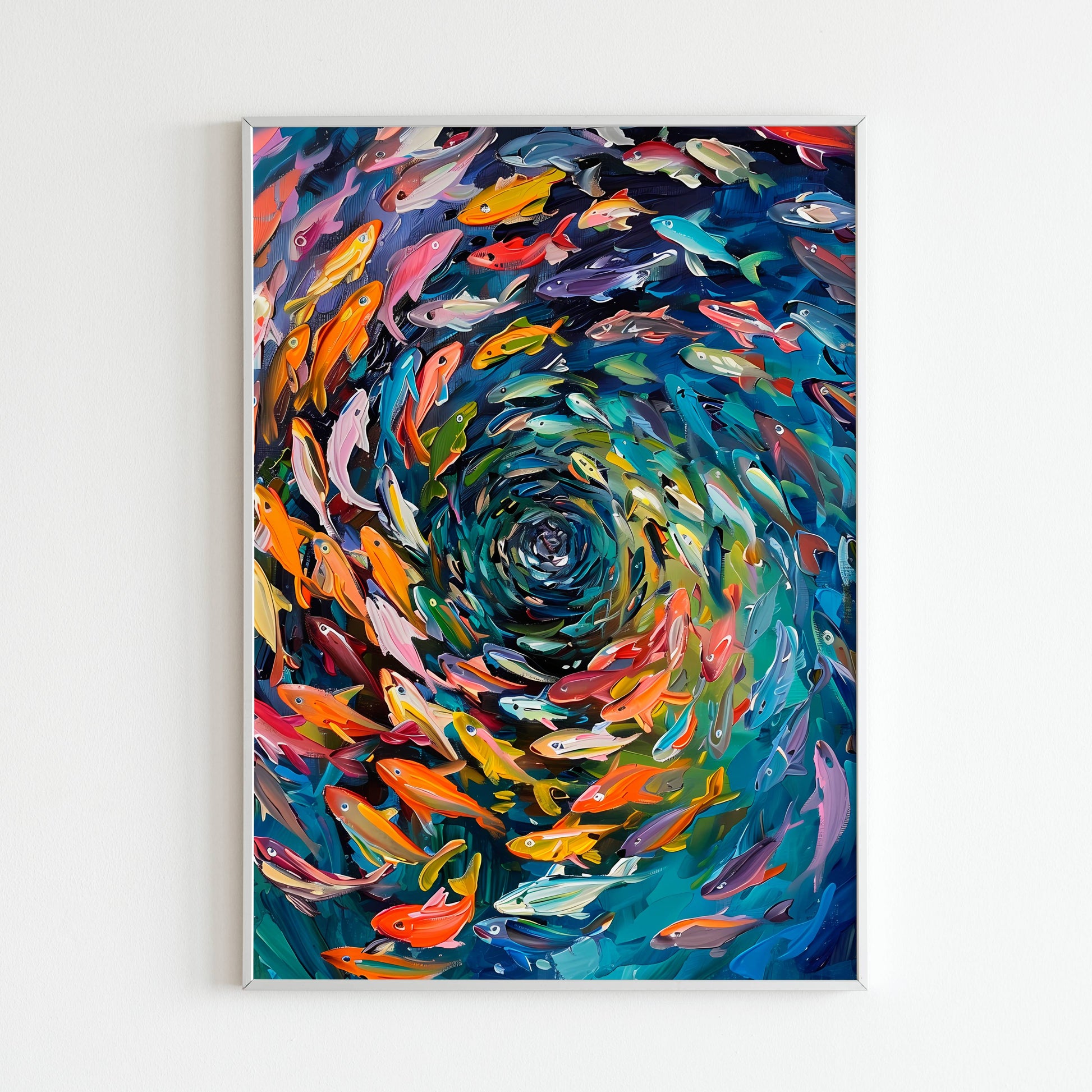 Witness the mesmerizing swirl of colorful fish in a vortex with this underwater scene (physical or digital).